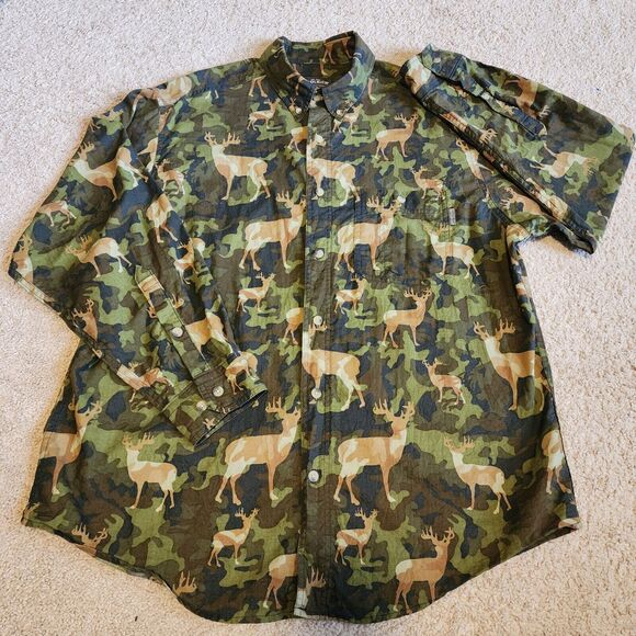 Woolrich Camo Deer Print Shirt Mens L Olive Green Button Long Sleeve Hunting - Picture 2 of 11